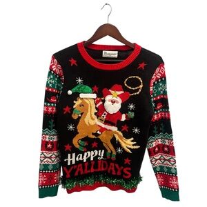 No Boundries Happy Y’allidays Christmas Sweater with Santa Size 12-14